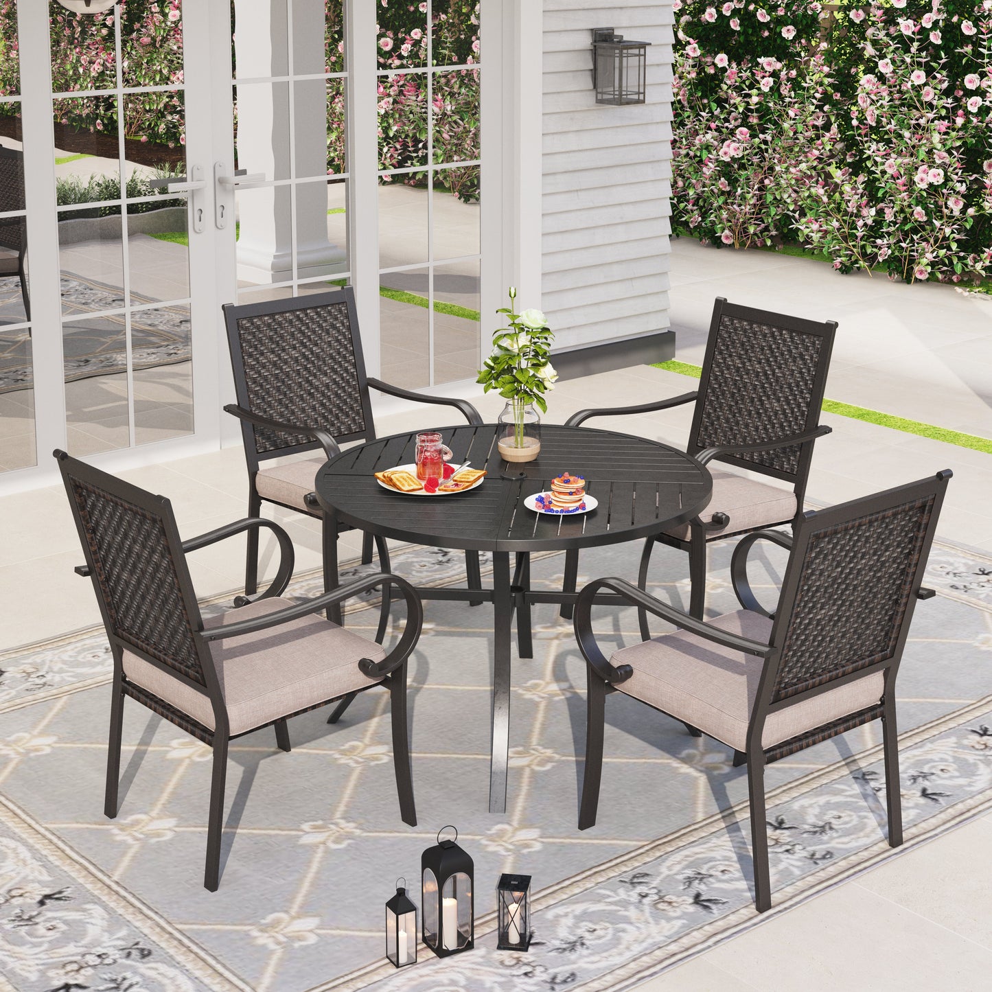 Sophia & William 5 Pieces Outdoor Patio Dining Set with 4 Wicker Rattan Cushioned Chairs & 1 Round Metal Table for 4-person