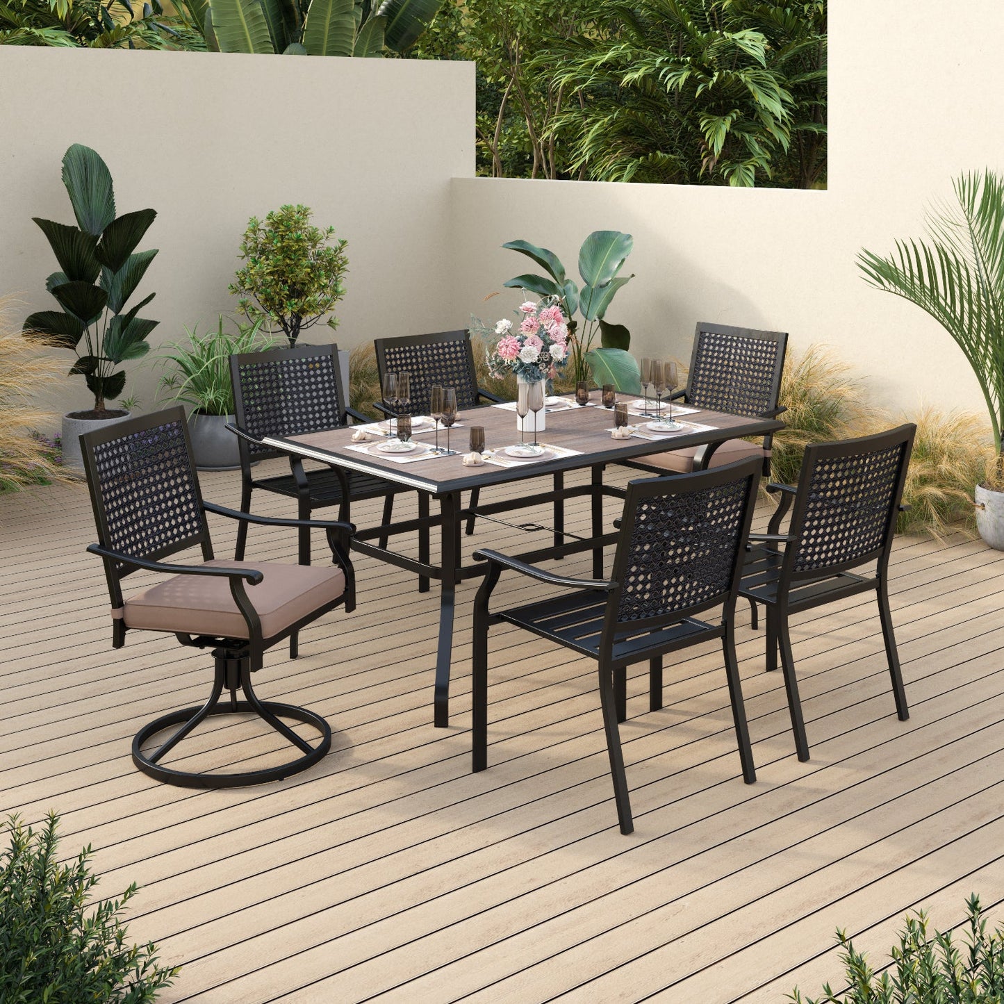 Sophia & William 7 Pieces Metal Patio Dining Set Outdoor Teak Grain Table and Chairs Furniture Set