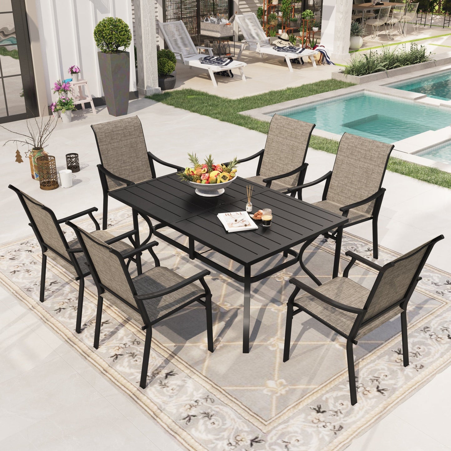 Sophia & William 7 Pieces Outdoor Patio Dining Set with Textilene Chairs & Rectangle Metal Table for 6-person