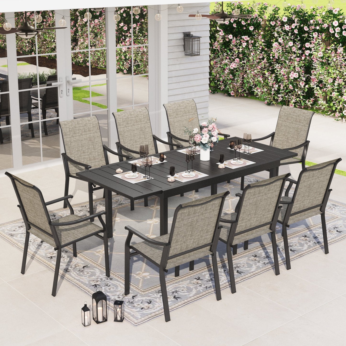 Sophia & William 9 Pieces Outdoor Patio Dining Set with 8Pcs Textilene Chairs & 1Pc Extendable Steel Table for 8-person