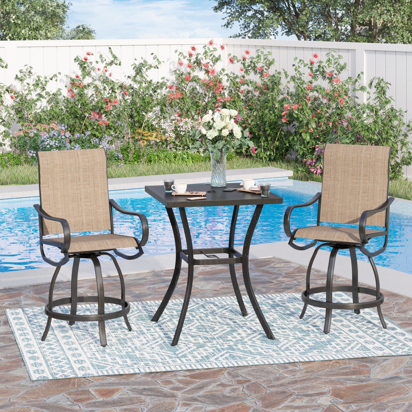 Sophia & William 3 Pieces Patio Outdoor Metal Bar Stools and Table Set Textilene Furniture Set