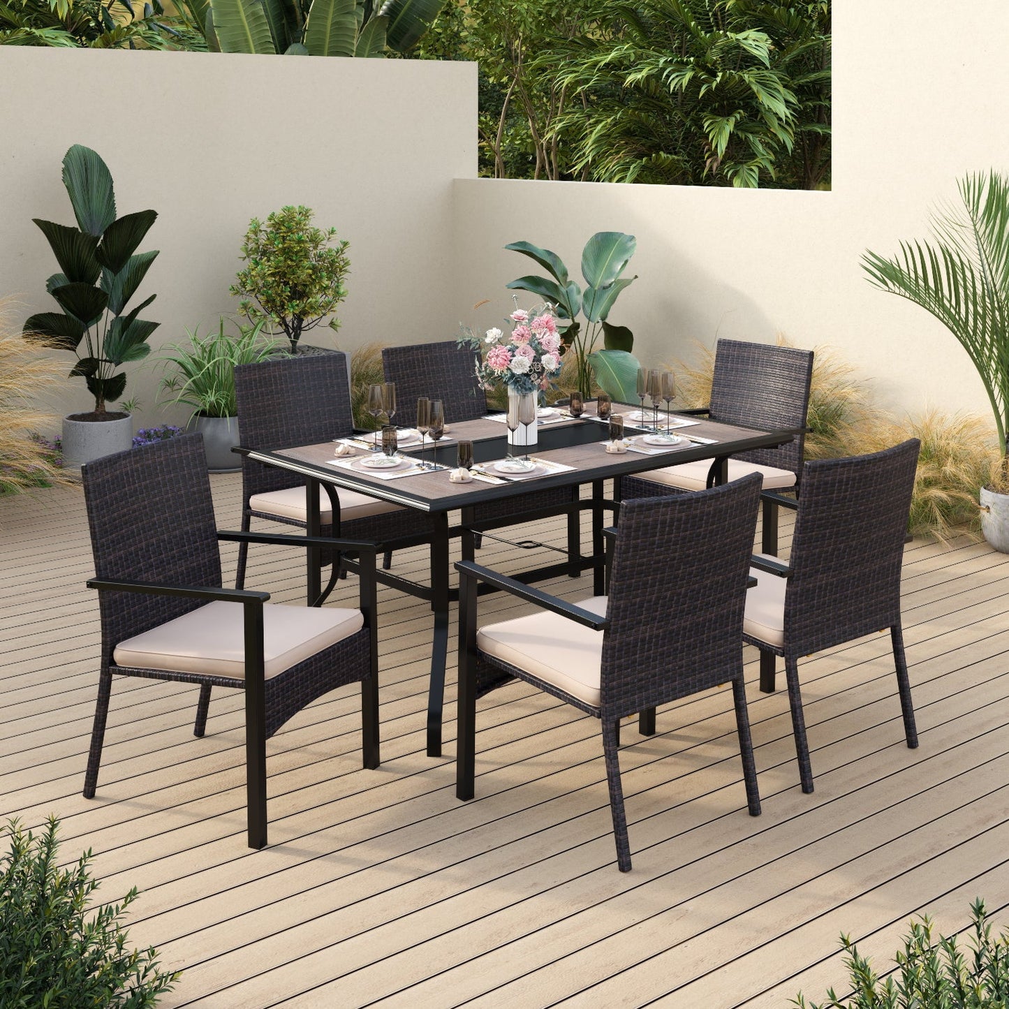 Sophia & William 7 Pieces Wicker Outdoor Patio Dining Set Chairs&Table Set