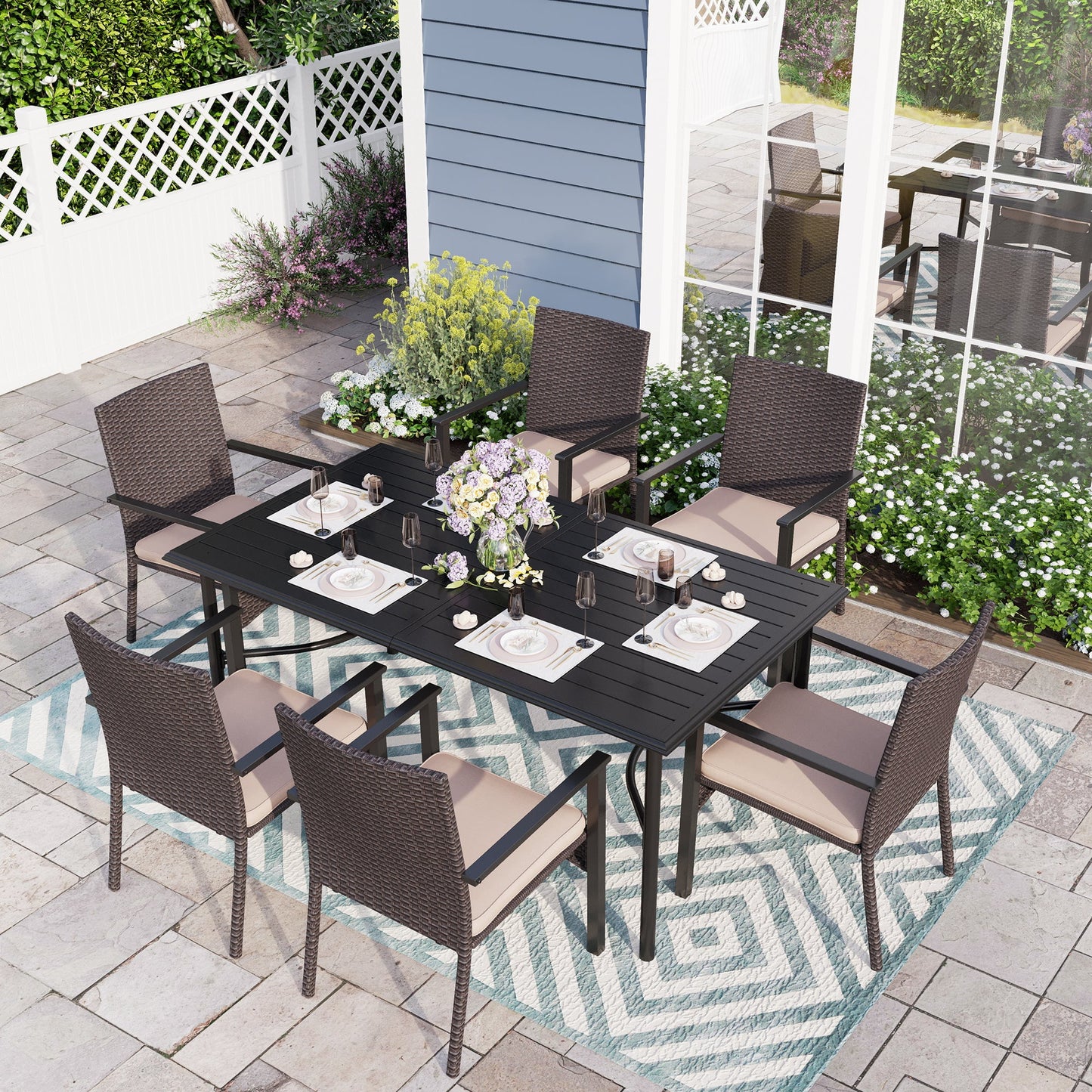 Sophia & William Patio Outdoor Dining Set Wicker Rattan Chairs and Metal Table Furniture Set