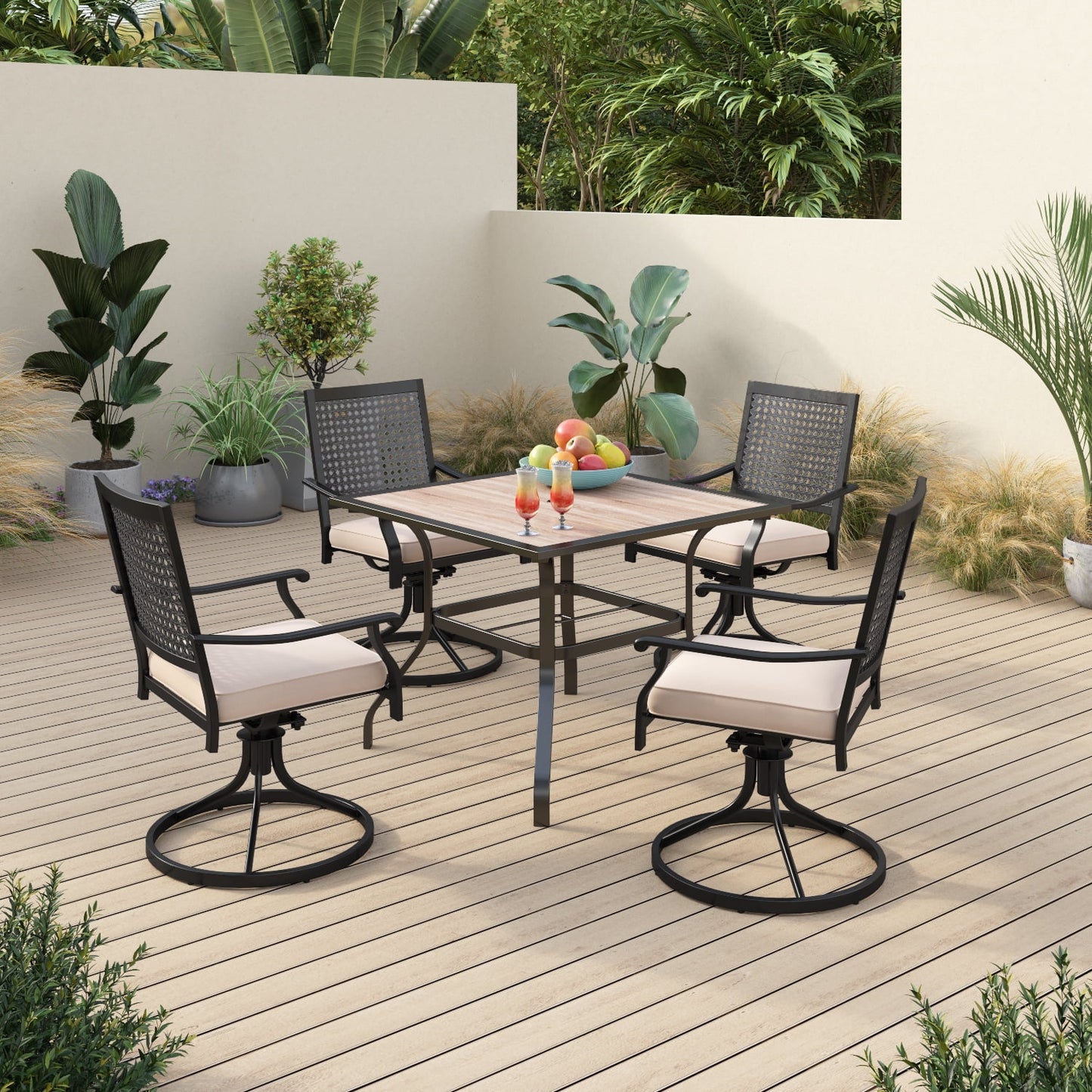 Sophia & William 5 Pcs Outdoor Patio Dining Set 4 Swivel Cushioned Chairs & 37 Square Metal Teak Wood Table