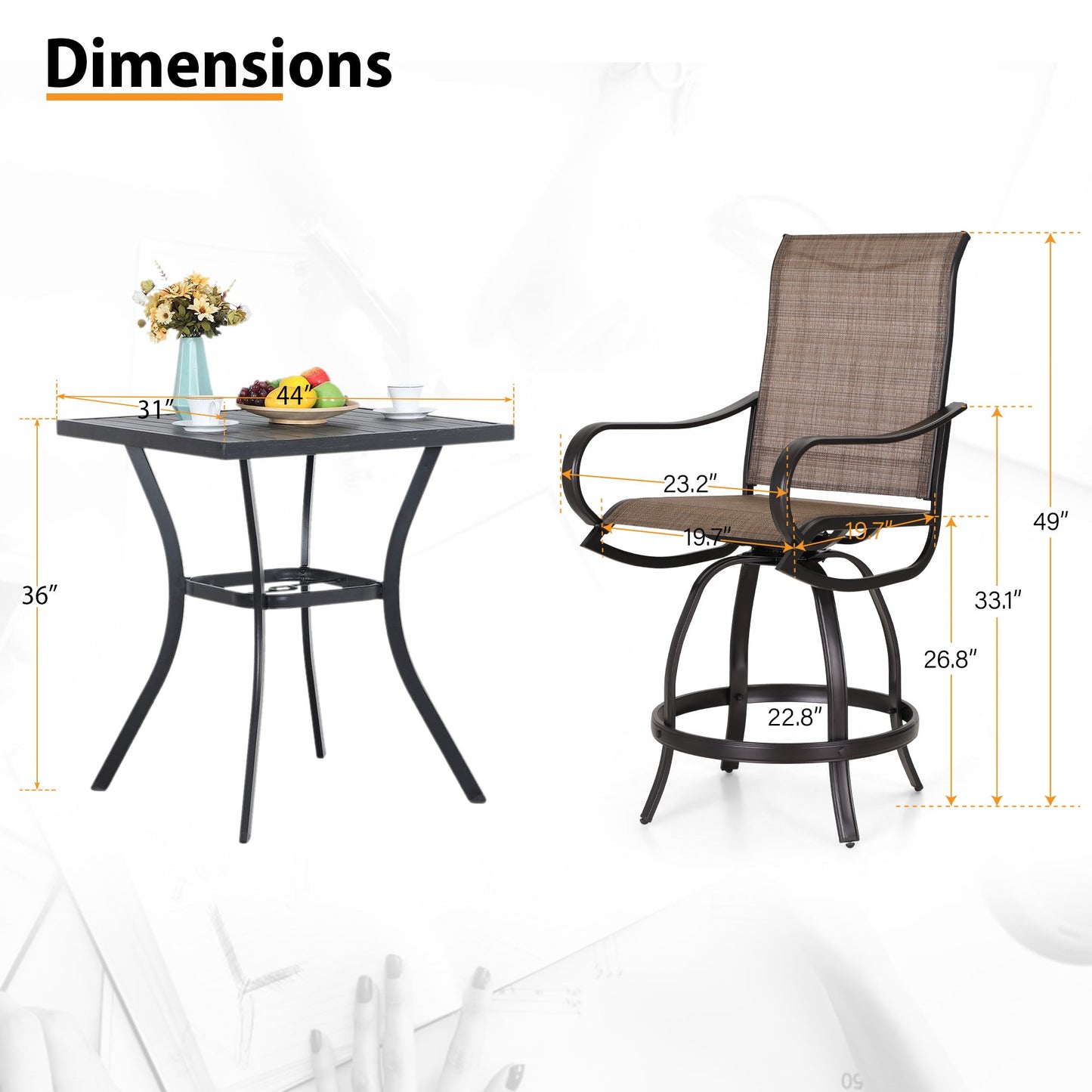 Sophia & William 3 Pieces Patio Outdoor Metal Bar Stools and Table Set Textilene Furniture Set