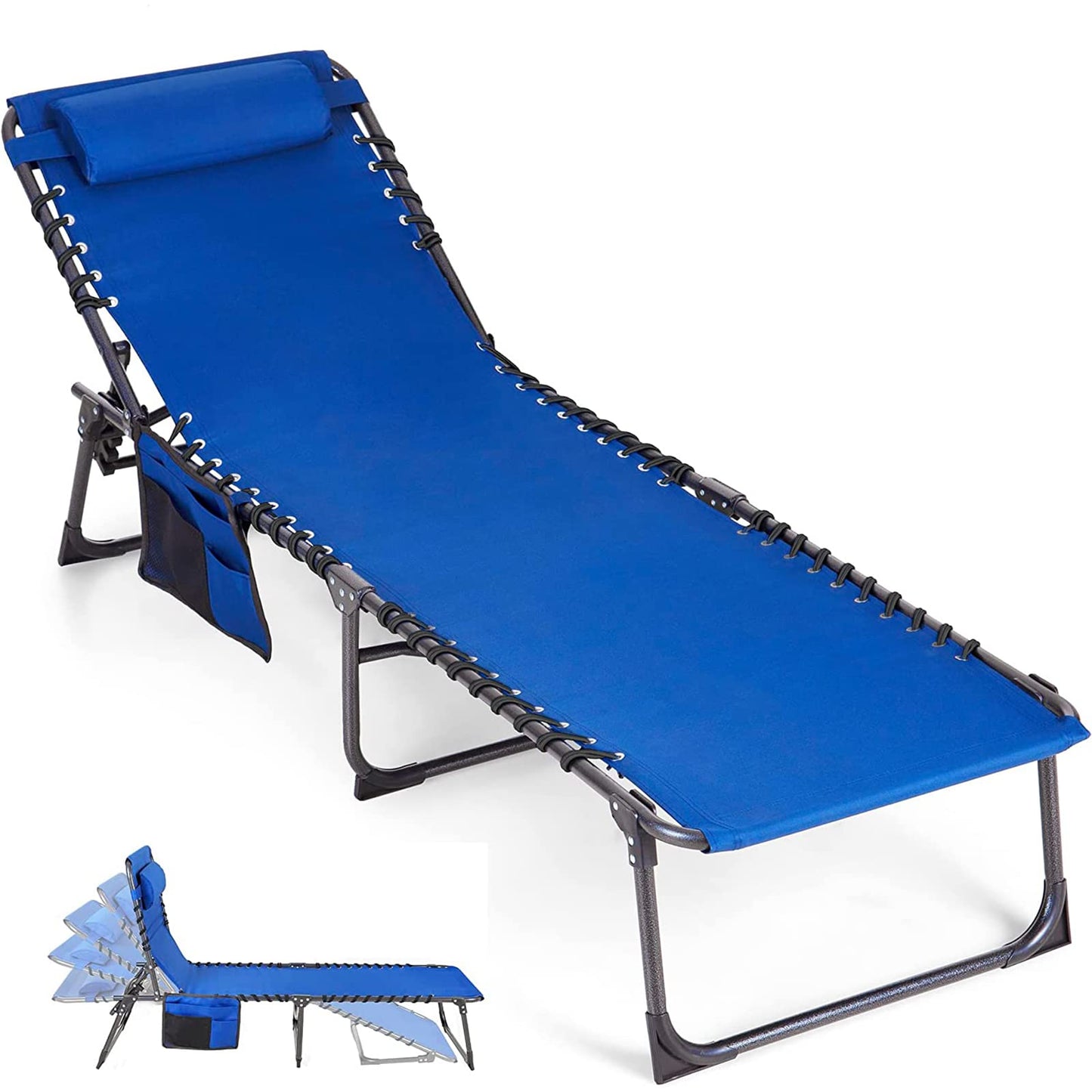 MAYFAIR PALACE Reclining Sun Lounger Portable Chaise Longues for Adults Deck Chairs Patio Chaise Lounge Chair Sett 4 Position Adjustable Support 350 lbs with Pillow & Side Pocket(Blue), 190 x 60 x 34 cm