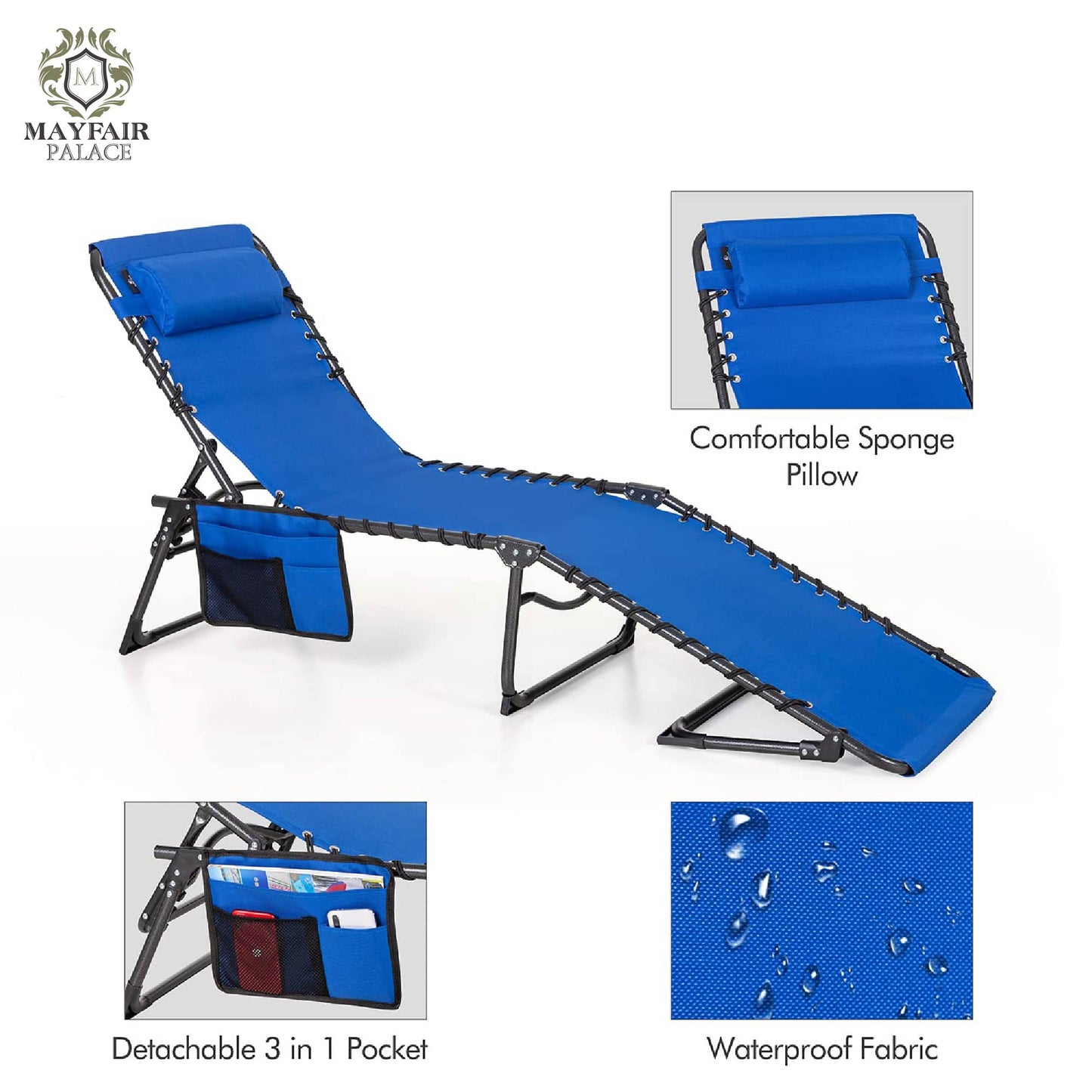 MAYFAIR PALACE Reclining Sun Lounger Portable Chaise Longues for Adults Deck Chairs Patio Chaise Lounge Chair Sett 4 Position Adjustable Support 350 lbs with Pillow & Side Pocket(Blue), 190 x 60 x 34 cm