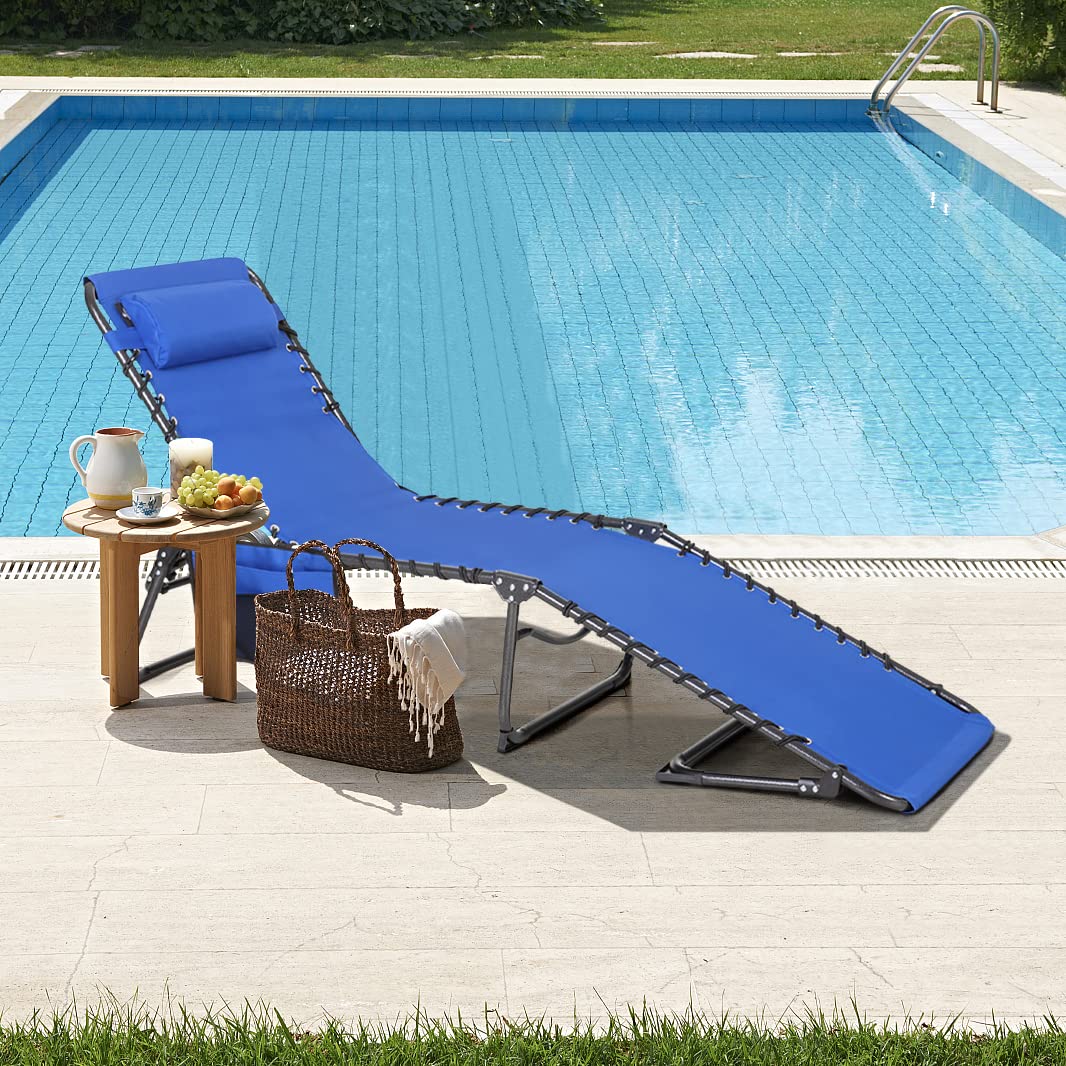 MAYFAIR PALACE Reclining Sun Lounger Portable Chaise Longues for Adults Deck Chairs Patio Chaise Lounge Chair Sett 4 Position Adjustable Support 350 lbs with Pillow & Side Pocket(Blue), 190 x 60 x 34 cm