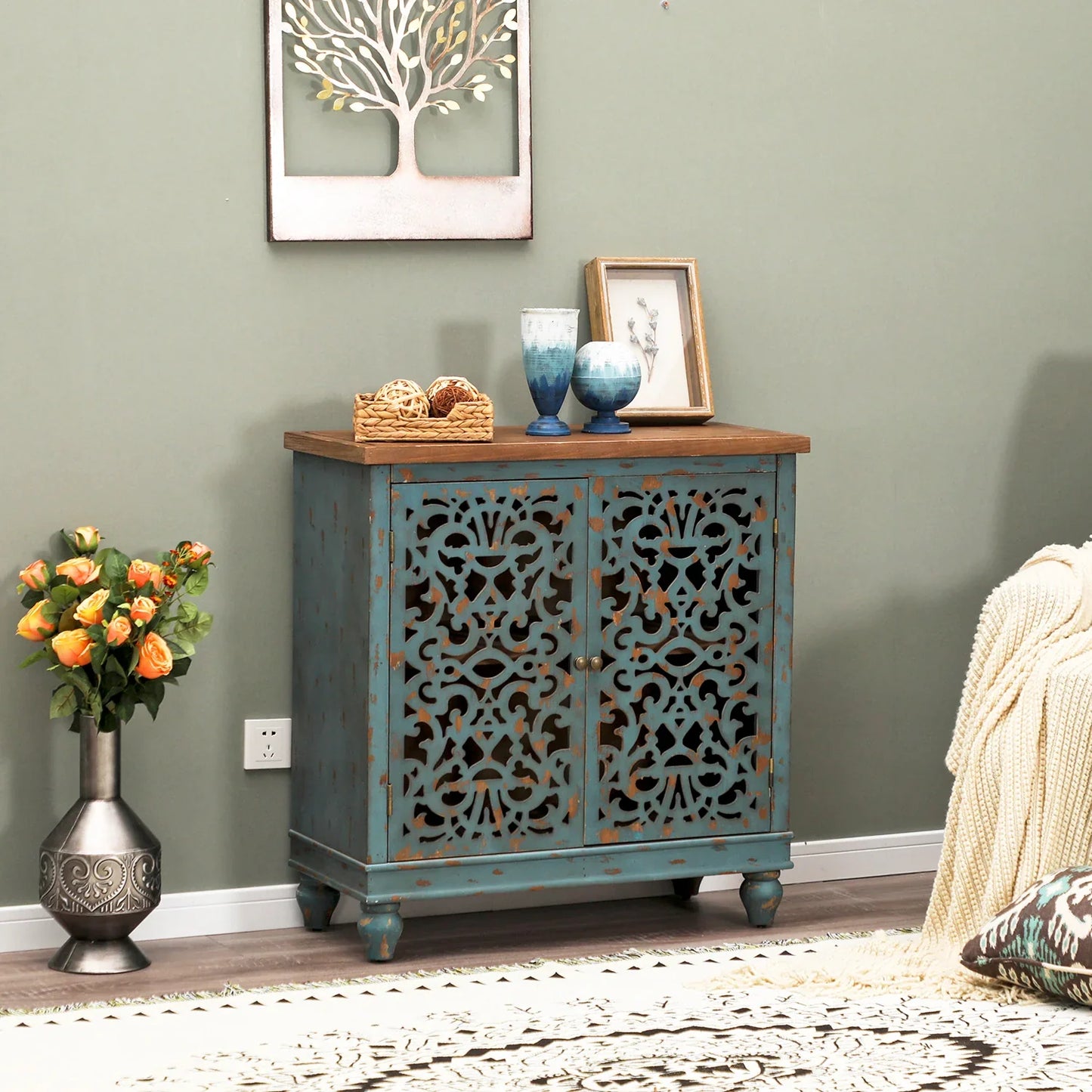 Alpha Joy 2-Door Hollow Carving Accent Cabinet for Dining Room, Living Room,Hallway-Blue