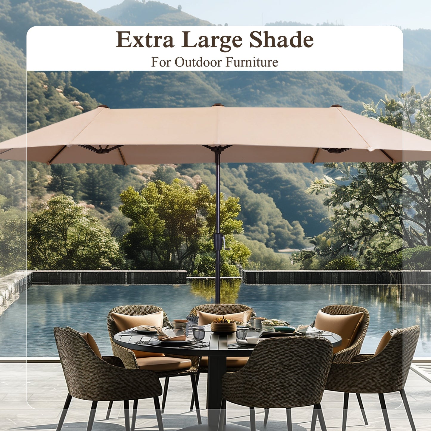 Alpha Joy 13x6.5ft Double-Sided Extra Large Outdoor Patio Market Rectangle Umbrella with Crank Handle, Beige