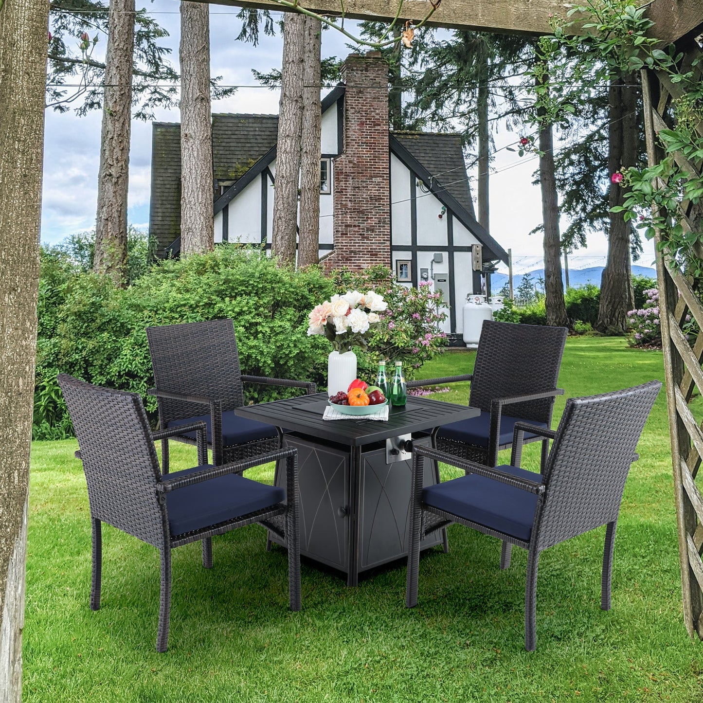 PHI VILLA 5-Piece Gas Fire Table Patio Dining Set 50,000 BTU Gas Fire Table & 4 Rattan Chairs