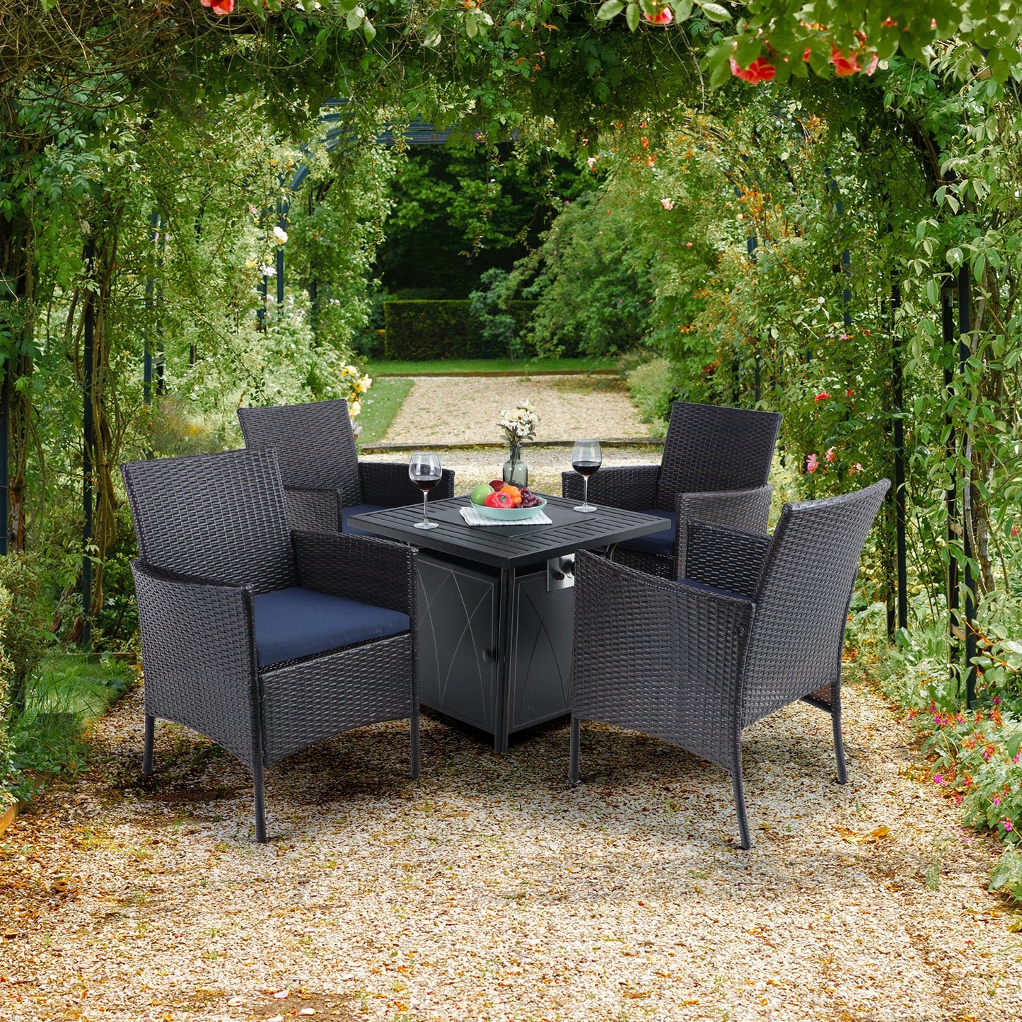 PHI VILLA 5-Piece Gas Fire Table Patio Dining Set 50,000 BTU Gas Fire Table & 4 Rattan Chairs