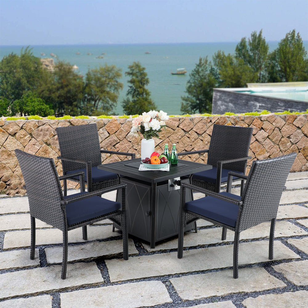 PHI VILLA 5-Piece Gas Fire Table Patio Dining Set 50,000 BTU Gas Fire Table & 4 Rattan Chairs