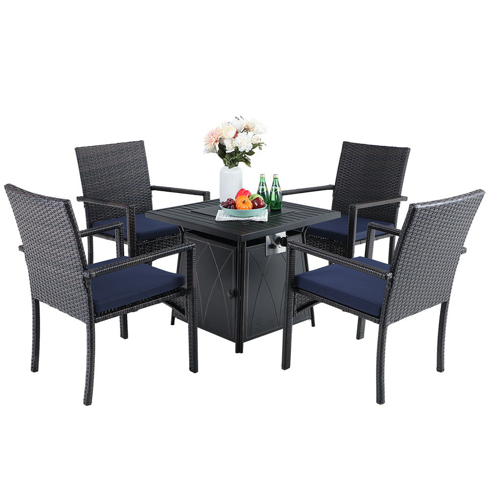 PHI VILLA 5-Piece Gas Fire Table Patio Dining Set 50,000 BTU Gas Fire Table & 4 Rattan Chairs