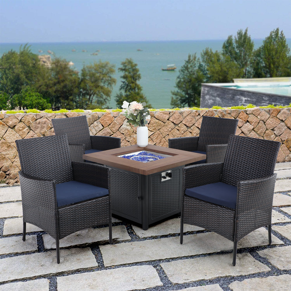 PHI VILLA 5-Piece Gas Fire Pit Table Patio Dining Set Gas Fire Pit Wood-look Table 50,000 BTU & 4 Rattan Cushioned Chairs 5-Piece Outdoor Patio Dining Set