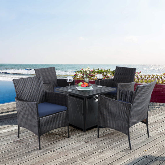 PHI VILLA 5-Piece Gas Fire Table Patio Dining Set 50,000 BTU Gas Fire Table & 4 Rattan Chairs
