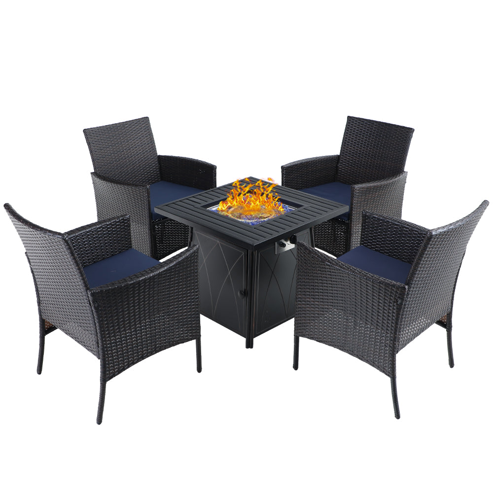 PHI VILLA 5-Piece Gas Fire Table Patio Dining Set 50,000 BTU Gas Fire Table & 4 Rattan Chairs