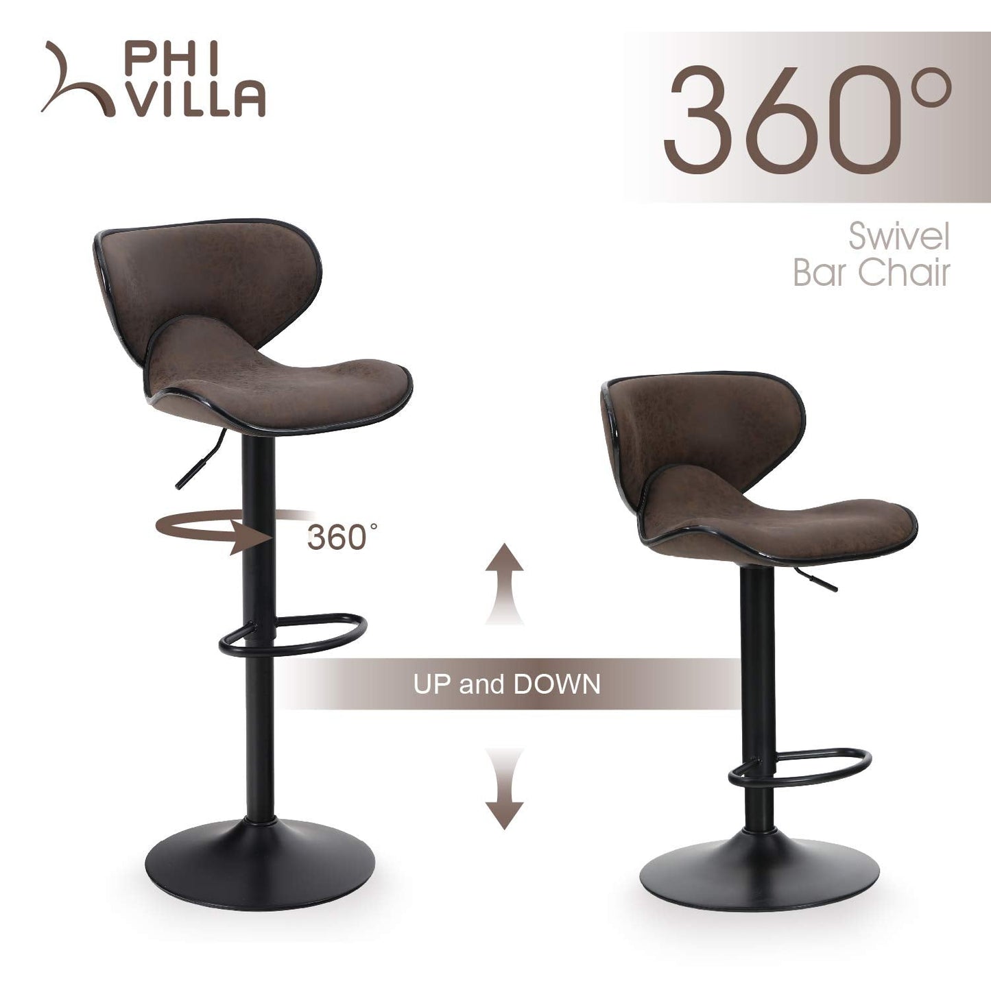 PHI VILLA Counter Height 360 Degree Adjustable Swivel Square Bar Stools, Set of 2