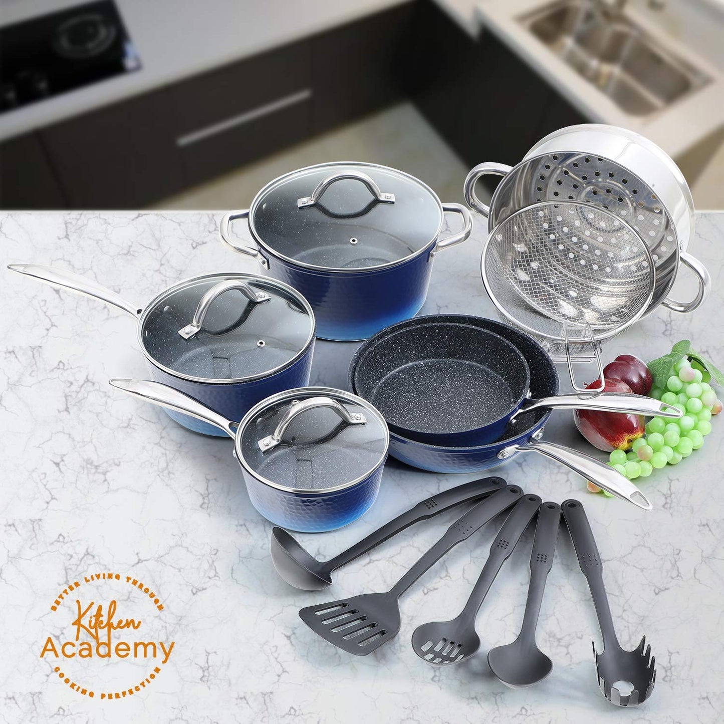 Kitchen Academy 100% PFOA Free 15 Piece Nonstick Granite-Coated Cookware Set