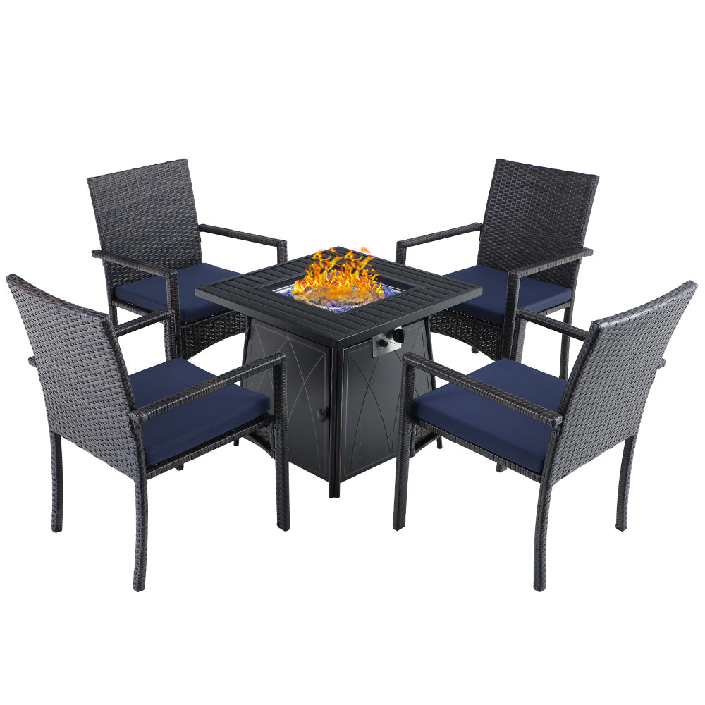 PHI VILLA 5-Piece Gas Fire Table Patio Dining Set 50,000 BTU Gas Fire Table & 4 Rattan Chairs