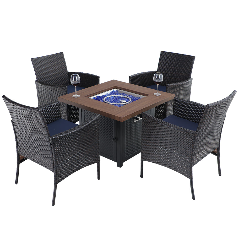 PHI VILLA 5-Piece Gas Fire Pit Table Patio Dining Set Gas Fire Pit Wood-look Table 50,000 BTU & 4 Rattan Cushioned Chairs 5-Piece Outdoor Patio Dining Set